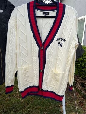 Forever 21 Cream Cable Knit Cardigan with Red & Navy Trim